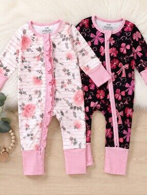 2-Pack Bamboo Baby Zipper Sleepers 3-6M Floral & Bows Coquette Cottagecore Girly